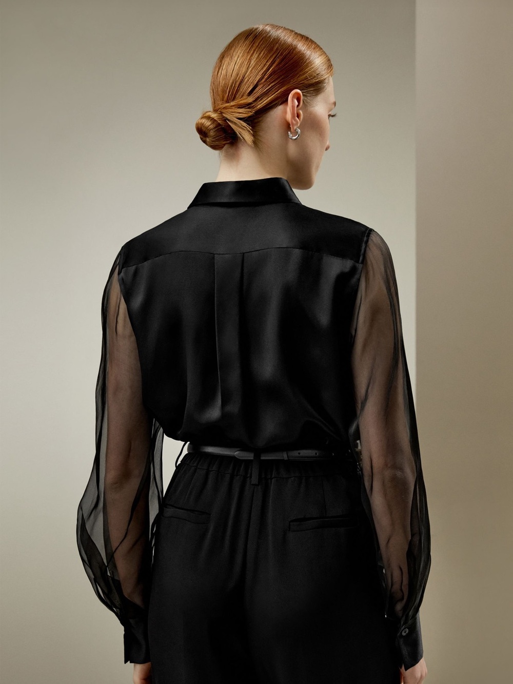 LILYSILK Black Mulberry Silk Sheer Sleeve Button Down Blouse Large Quiet Luxury - Picture 2 of 14